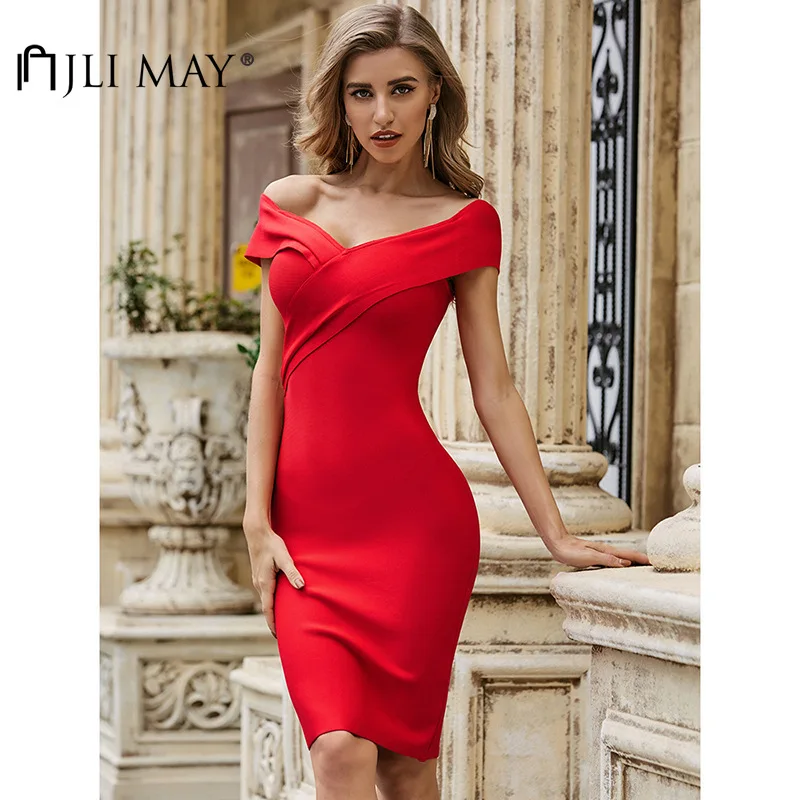 

JLI MAY Women's Sexy Dress Solid Off the Shoulder Cross Slash neck Backless Empire Slim Party Mini Dresses