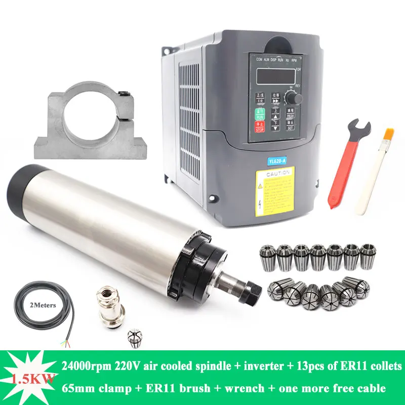 

1.5KW ER11 24000rpm CNC Air Cooled Spindle Motor 65mm 220V AC 4 Bearing+1.5KW Inverter 220V+65mm Clamp for CNC Router Engraving