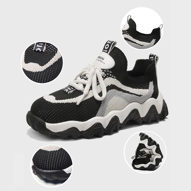 

Kids Lightweight Casual Sneakers Boy Girl Soft Anti-slip Sports Shoes Fashion Wavy Bottom Breathable Knit Mesh Children Sneakers