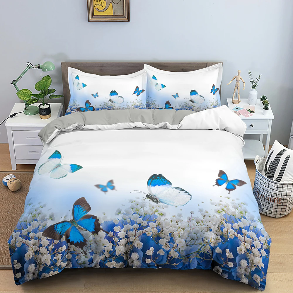Butterfly Bedding Set Duvet Cover Set Blue Red Butterflies and Flower Printed Design Boys Girls Bedding Comforter Quilt Cover