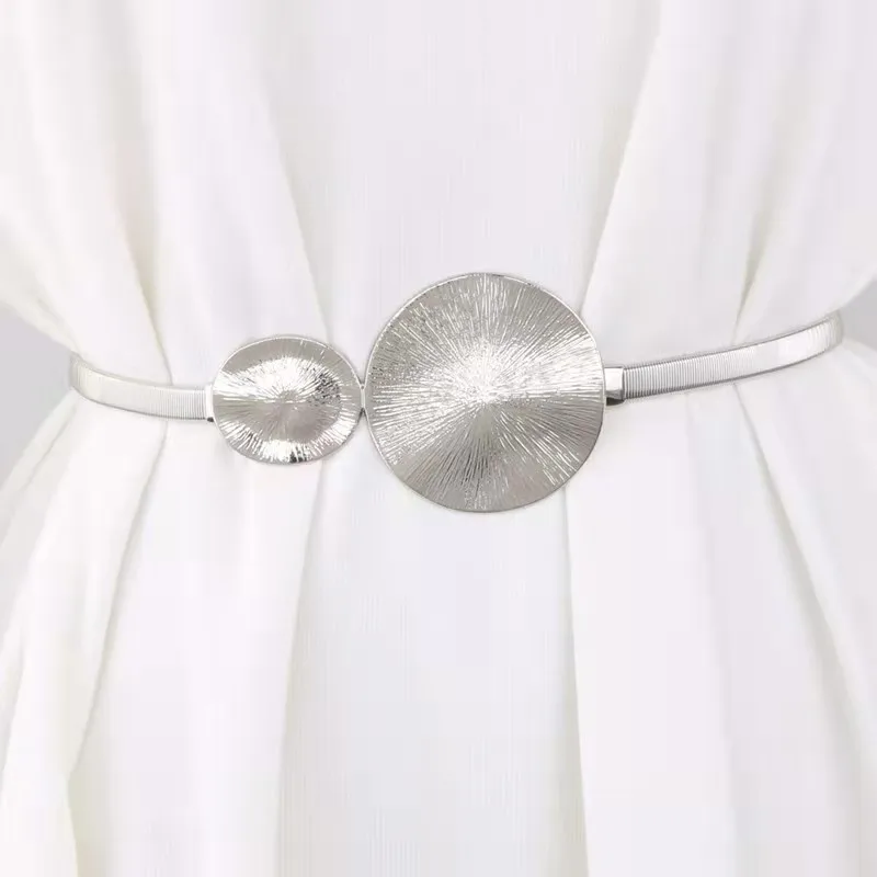 

fashion new trend ladies metal spring iron waist chain metal double ring buckle elastic chain thin belt 2021