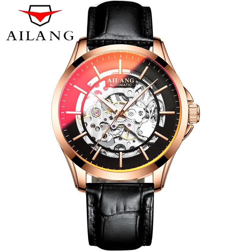 

AILANG Fashion Men's New Rose Gold Case Mechanical Watch Waterproof Leather Hollow Watches Automatic Men's Luminous Clock 8629