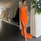 Женское вечернее платье без рукавов, оранжевое длинное плиссированное платье до пола с глубоким V-образным вырезом и разрезом сбоку, на бретельках, 2021