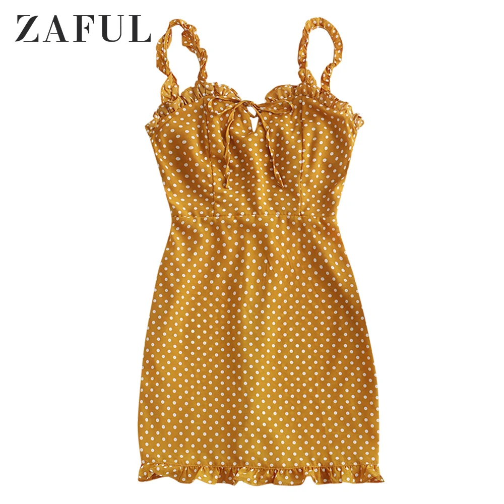 Женское мини платье в горошек ZAFUL летнее винтажное с рюшами на тонких бретелях