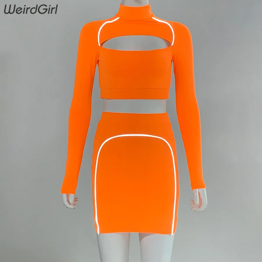 Weirdgirl/Женские Светоотражающие полосатые комплекты из 2 предметов футболки с длинными рукавами и вырезами эластичная юбка с высокой талией, спортивный костюм, Новинка осени