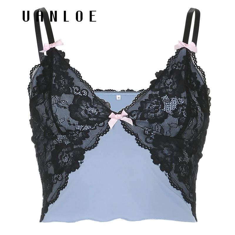 

UANLOESee Through Lace Mesh Patchwork Crop Top Women's Sexy Party Backless Camisole Bow Clubwear V Neck Clothes Streetwear Y2K