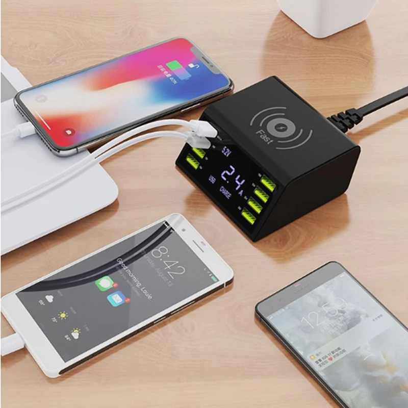 Мульти 8-портовое Беспроводное зарядное устройство USB 60 Вт светодиодный дисплей Быстрая зарядка быстрозарядная станция для iPhone 7 8 XR samsung S8 S9 S10 huawei