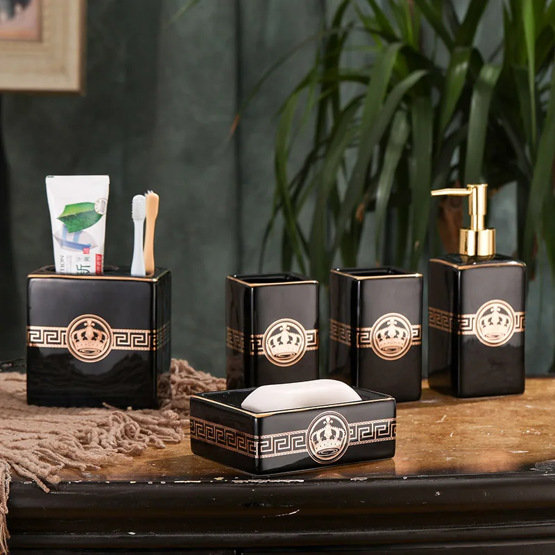 

Crown Bathroom Set Ceramic Lotion Dispenser Toothbrush Holder Soap Dish Gargle Cup Tray Ceramic Bathroom Accessories Sets