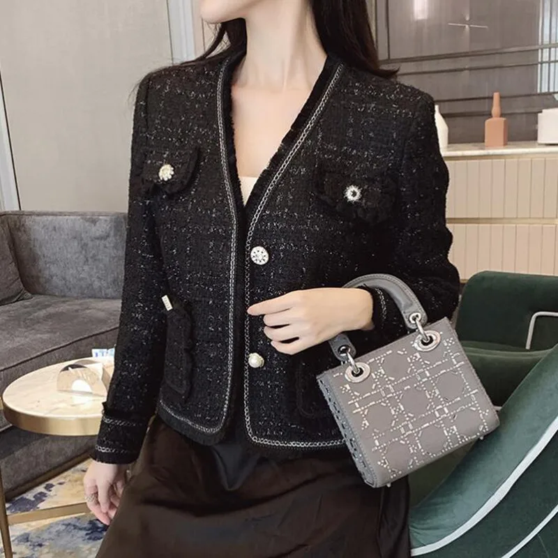 

Куртка женская короткая, твидовая, однобортная, Осень-зима