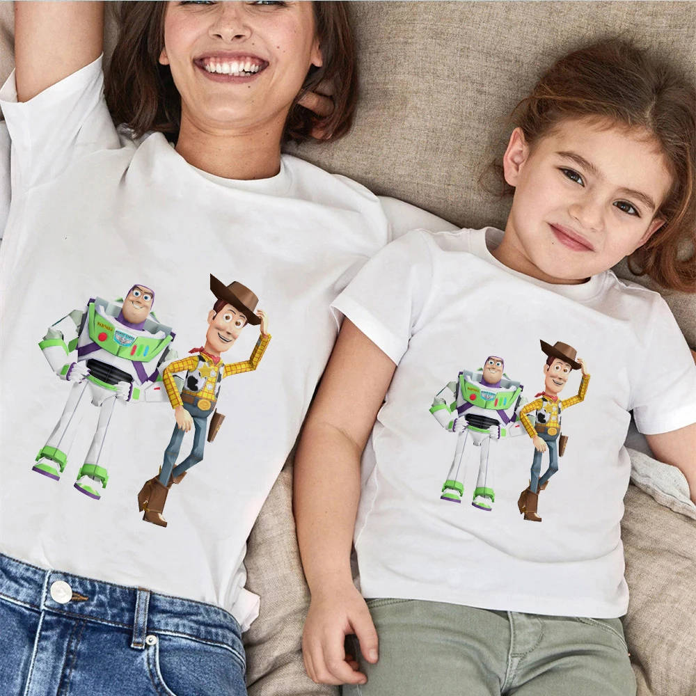 

Disney Buzz Lightyear And Woody Print Short Sleeve Basic Baby Gitl Family T-shirt Toy Story Mom Daughter Simplicity Clothes