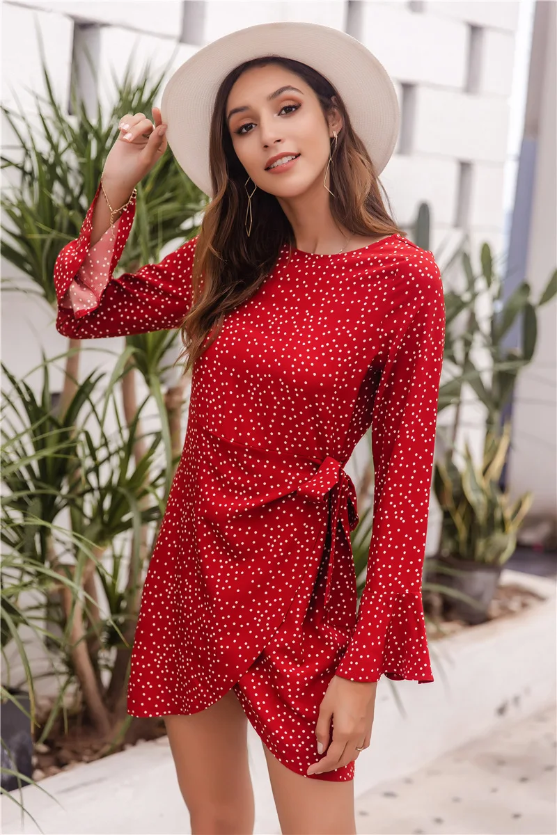 

Summer Flared Long Sleeves Print Polka Dot Print Vintage Red Women Dress Mini O Neck Robe Femme Vestidos