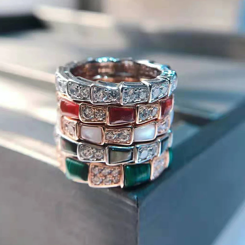 

Luxury 925 Silver Snake Ring Nature Shell Agate Serpent Couple Rings Ophidian Fashion Jewelry Accessories Ornament Men Women