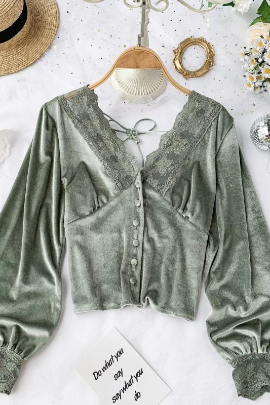 Новинка 2019 модная Женская Осенняя кружевная одежда с V-образным вырезом и пышными