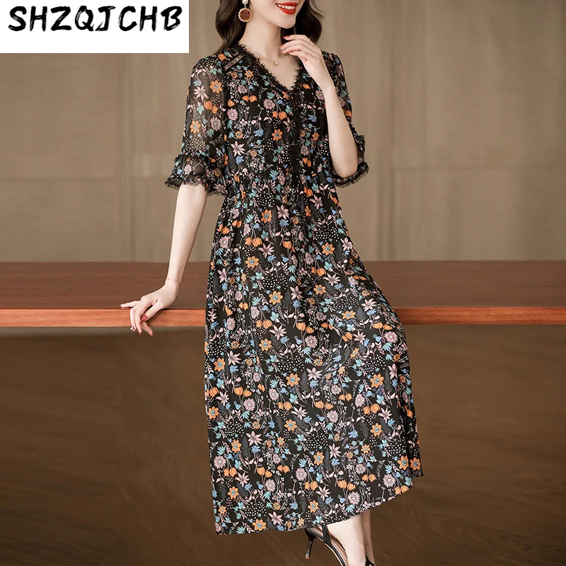 

SHZQ Lace Silk Dress Women's 2021 Summer New Slim, Light and Extravagant Hepburn Style Mulberry Silk Printed Small Black Skirt