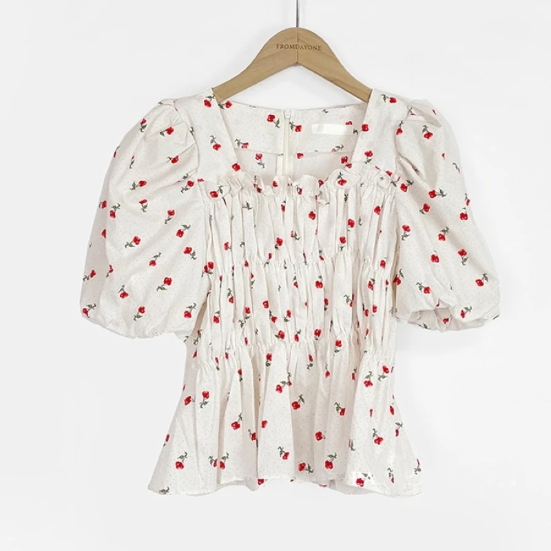 

2021 Summer Korean Square Collar Puff Sleeve Blouse Women Elegant Fashion Floral Shirt Female Print Ruffle Sexy Tops