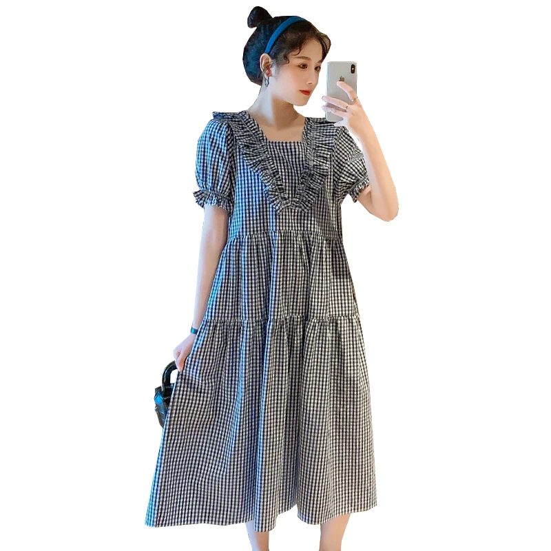 

1876# 2021 Summer Korean Fashion Plaid Maternity Long Dress Sweet Large Size Loose Clothes for Pregnant Women Pregnancy Dress