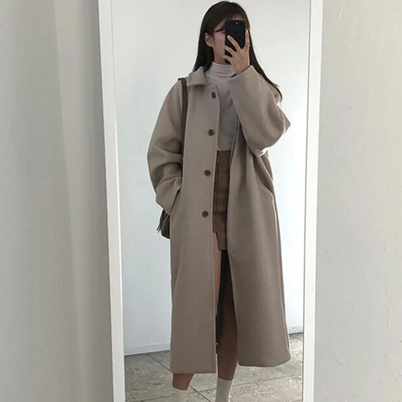 Heydress осеннее зимнее шерстяное пальто простое однотонное однобортное женское длинное шерстяное пальто с отложным воротником для отдыха