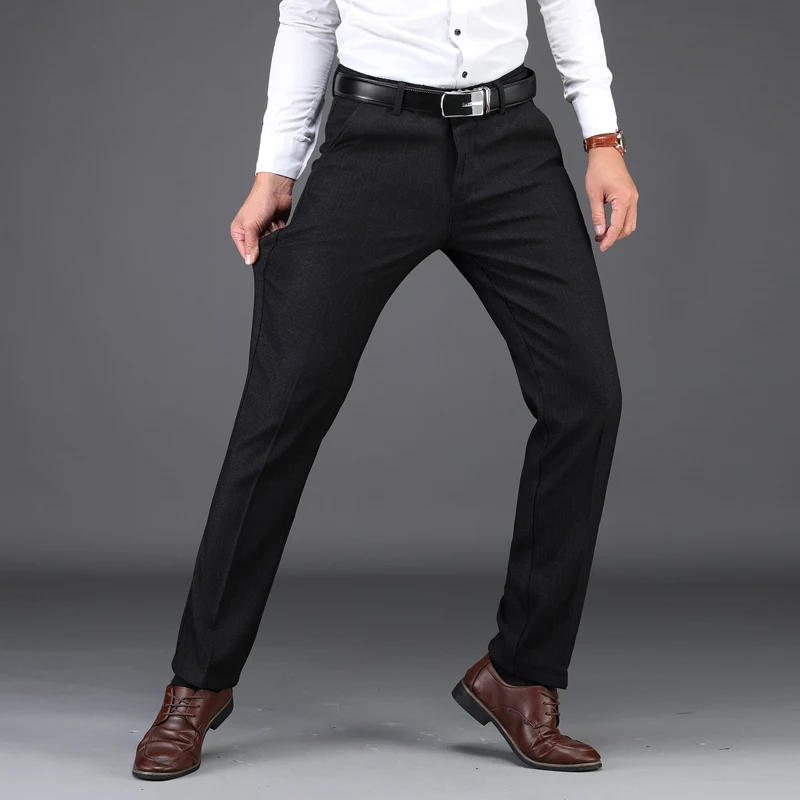 Мужские Стрейчевые Костюмные брюки черные свободные прямые в классическом стиле