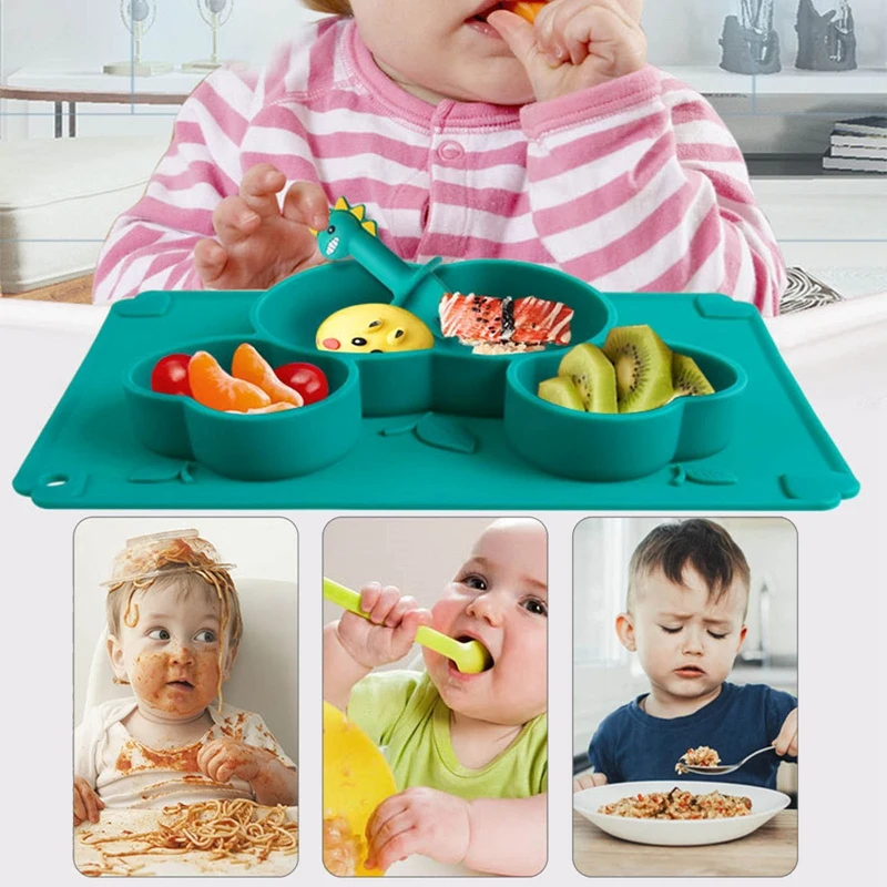 

Baby Dinner Plate Food Grade Silicone Tableware Anti-Drop Cartoon Food Supplement Plate Non-Slip Feeding Bowl Spoon Fork