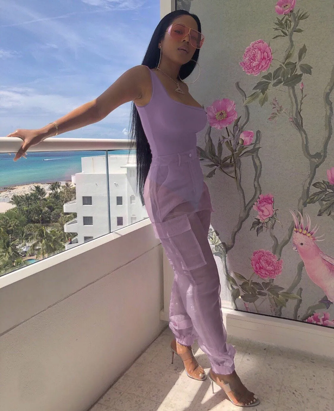 Sexy Bodysuit Top With Organza Pants Two Piece Set Casual Sleeveless Bodycon Jumpsuit Evening Club Party 2 Piece Overalls Sets