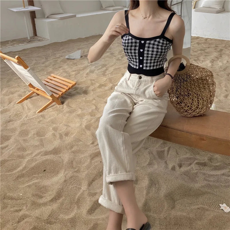 Летние женские винтажные клетчатые трикотажные майки без рукавов на пуговицах с