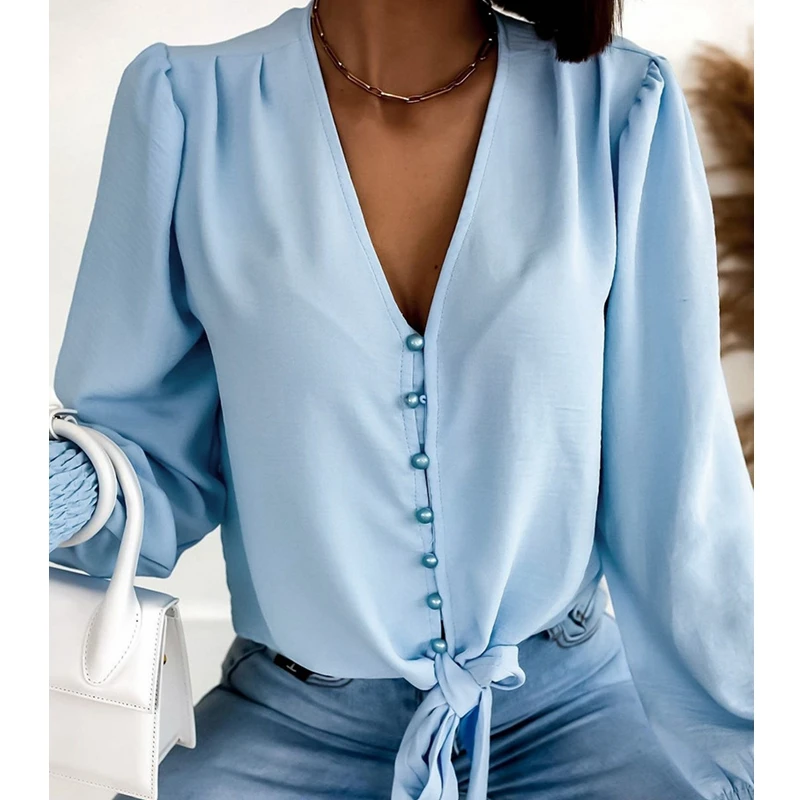 

Wepbel Long Sleeve Tied V-neck Shirt Solid Color Sky Blue Shirt Tops Blouses Women Loose Autumn Fashion Blouse Shirts Tops