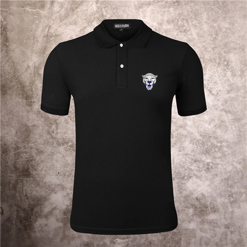 

Seestern brand new men's polo shirt embroidered lion tiger back Beading Polos fashion Lapel short sleeve spring summer tops tee