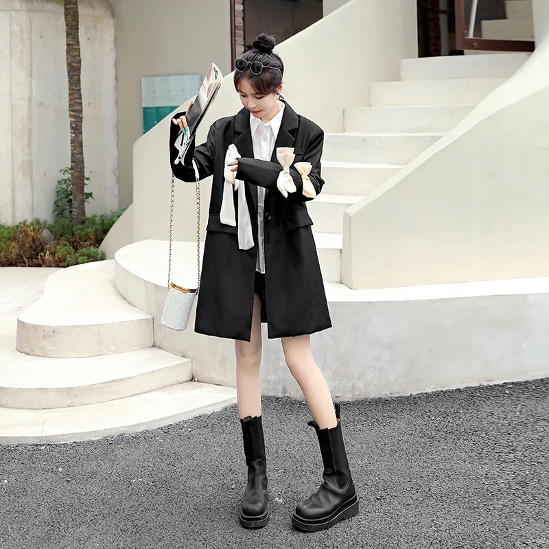 

Женский свободный Блейзер средней длины, черный элегантный повседневный пиджак составного кроя на одной пуговице, с бантом, в Корейском сти...