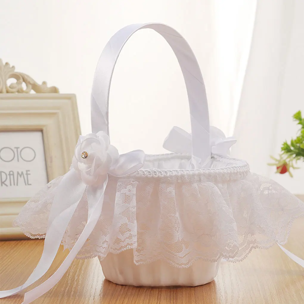 

Wedding Lace Ribbon Bowknot Flower Basket Ceremony Party Sweet Girls Bridesmaid Collection Fruit Candies Container