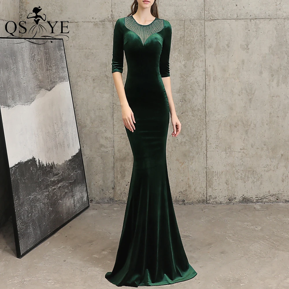 

Emerald Velvet Evening Dress Mermaid Sequin Neck Evening Gown Elegant Long Sleeves Party Dress Hot Drill Fit Green Formal Gown