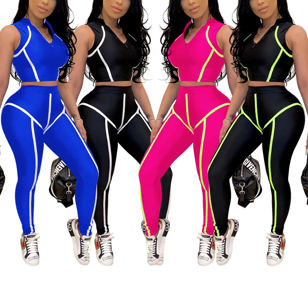 

2020 New Women Fashion Striped Clothes Set Tracksuit Womens Striped V-neck Stand Collar Tank Vest Crop Top High Waist Long Pants