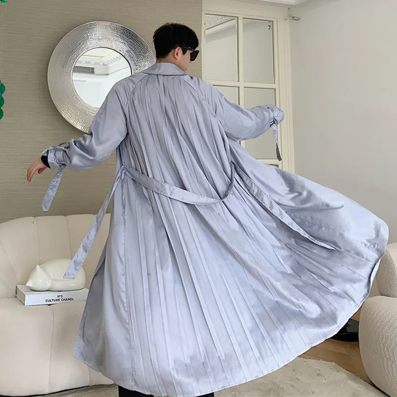 Тренчкот мужской длинный со складками атласный Свободный Тонкий Модный