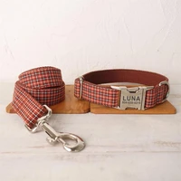 personalized dog collar custom pet collar free engraving id name tag pet accessory red brown plaid puppy collar leash set