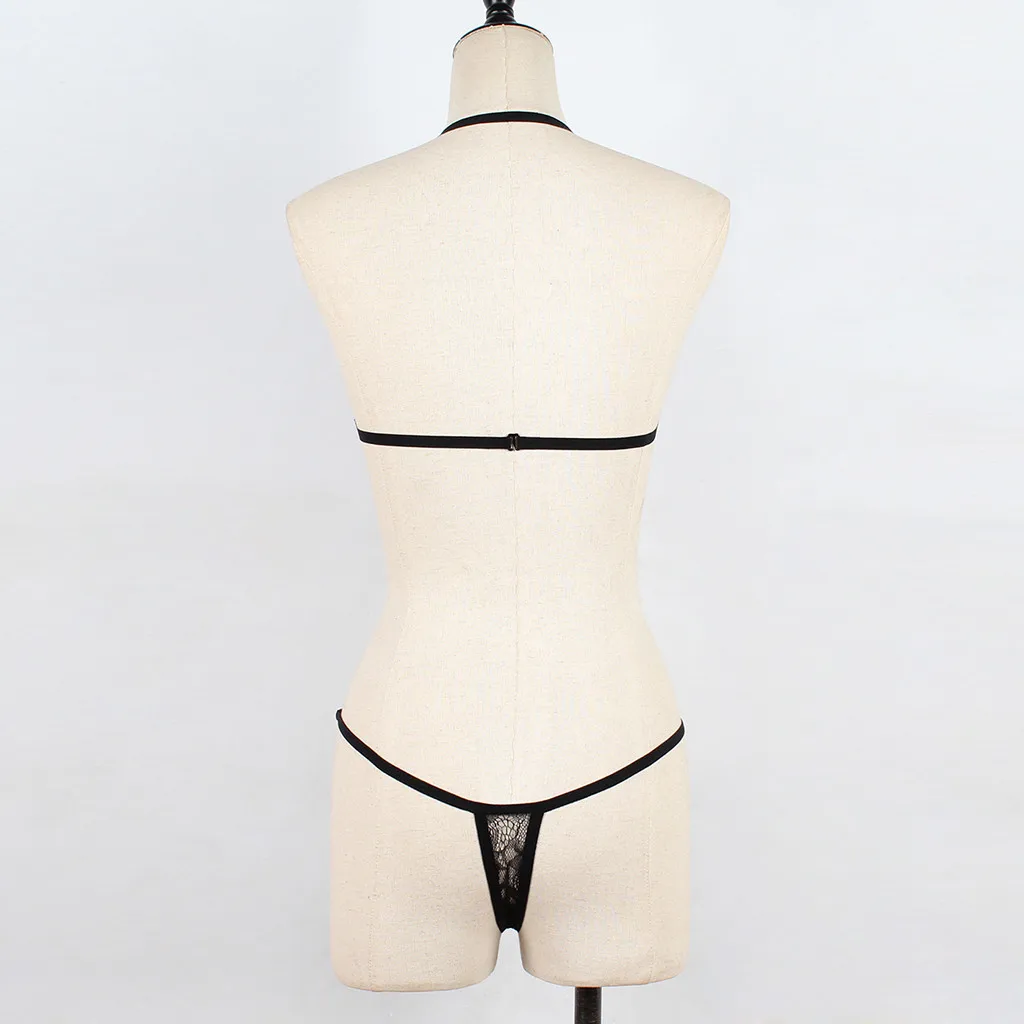 

European and American Hollow Sexy Hot Bra Women's Underwear Black Seductive Cage Elastic Bra Strap Two-piece Lace Sling Fun Set