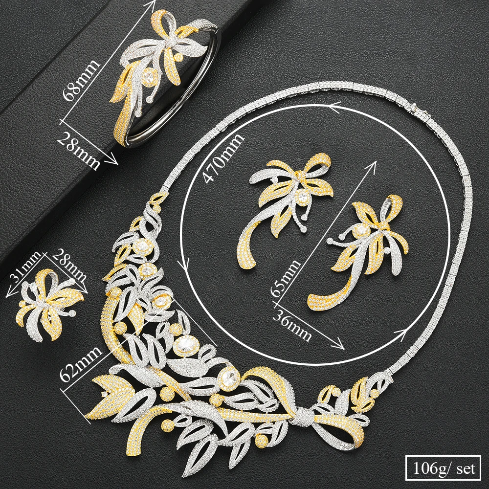 

missvikki Luxury Nigerian Indian Dubai African Flowers Leaf Necklace Earring Bangle Ring 4PCS Jewelry Sets For Women Wedding