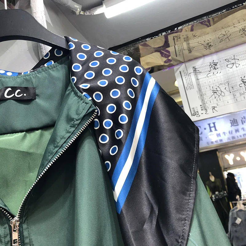 

Female Streetwear Patchwork Fashion Zipper Jacket Women's Casual Loose Retro Shawl Scarf Collar Coat All-Matching Top