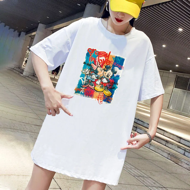 

Plus Size Mini Women T-Shirt Dress Harajuku Short Sleeve Vintage Mickey Print Dresses Casual Loose Party Summer Femme Streetwear