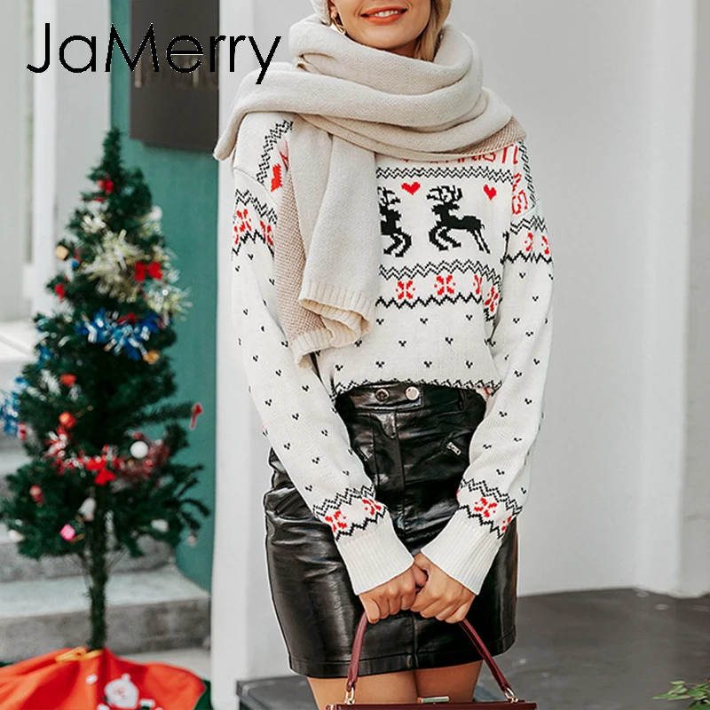 JaMerry, винтажные Рождественские свитера для женщин, с длинным рукавом, Осень-зима, с принтом оленя, вязаный женский пуловер, шикарный топ, джемпер