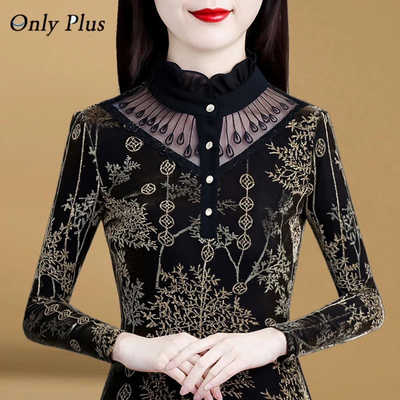 

EVNISIHalf-high Collar Net Yad Vintage Blouse Women Long-sleeved Embroidery Autumn Winter Top Women Slim Button Up Blouse
