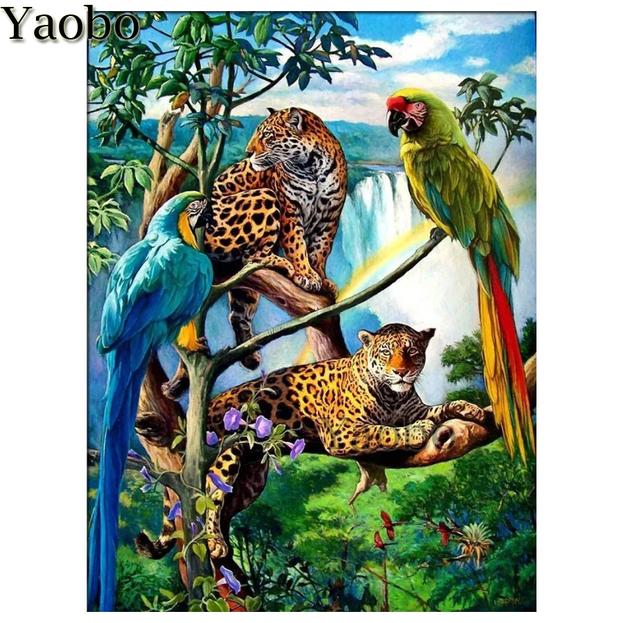 

Алмазная 5d-картина с полным заполнением, животное в джунглях, тигр, попугай, вышивка крестиком, «сделай сам», мозаика с животными, домашний д...