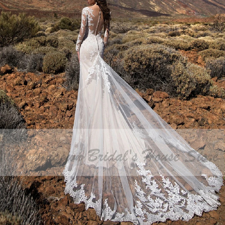 

Lakshmigown Vintage Lace Mermaid Wedding Dress Long Sleeve 2020 Elegant Bridal Wedding Gowns Long Train Vestidos de Boda