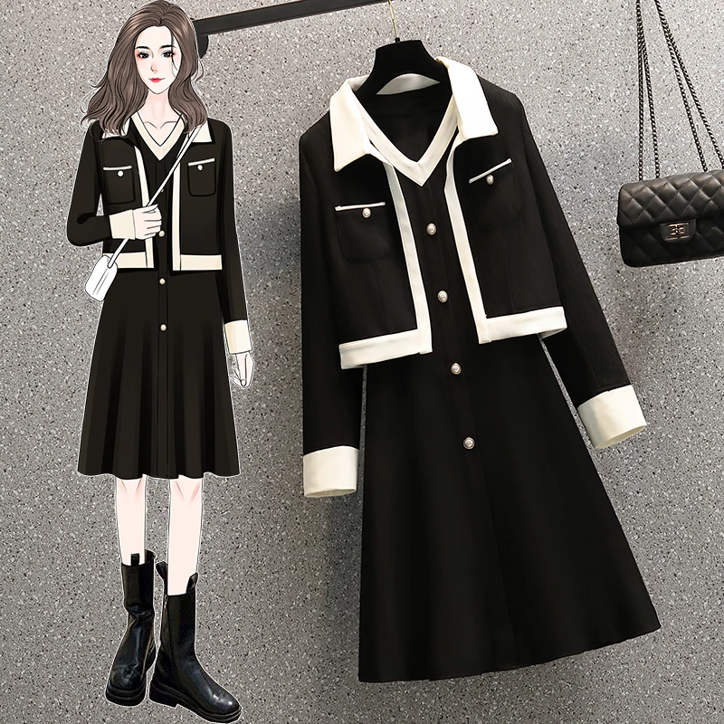 Plus Size 4XL Winter Women Office Ladies Suit Jacket Crop Top And Sleeveless Dress Two Piece Set White Black Outfit Work Clothes |