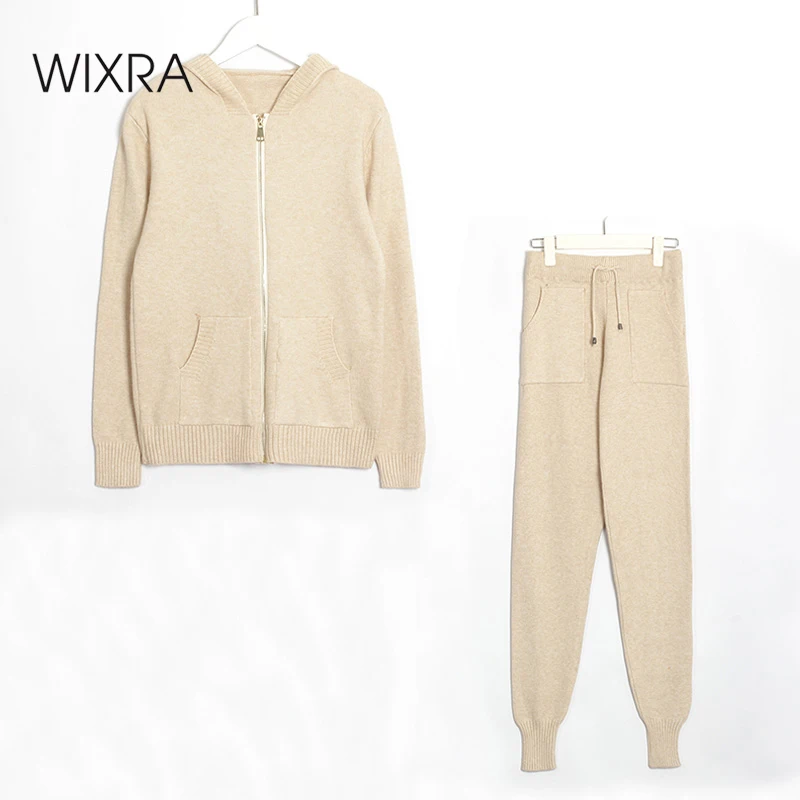 

Wixra Women Zipper Cardigan Sweater Suit and Sets Knitted Cardigans 2 Piece Sets Casual Knitted Tops +Trousers