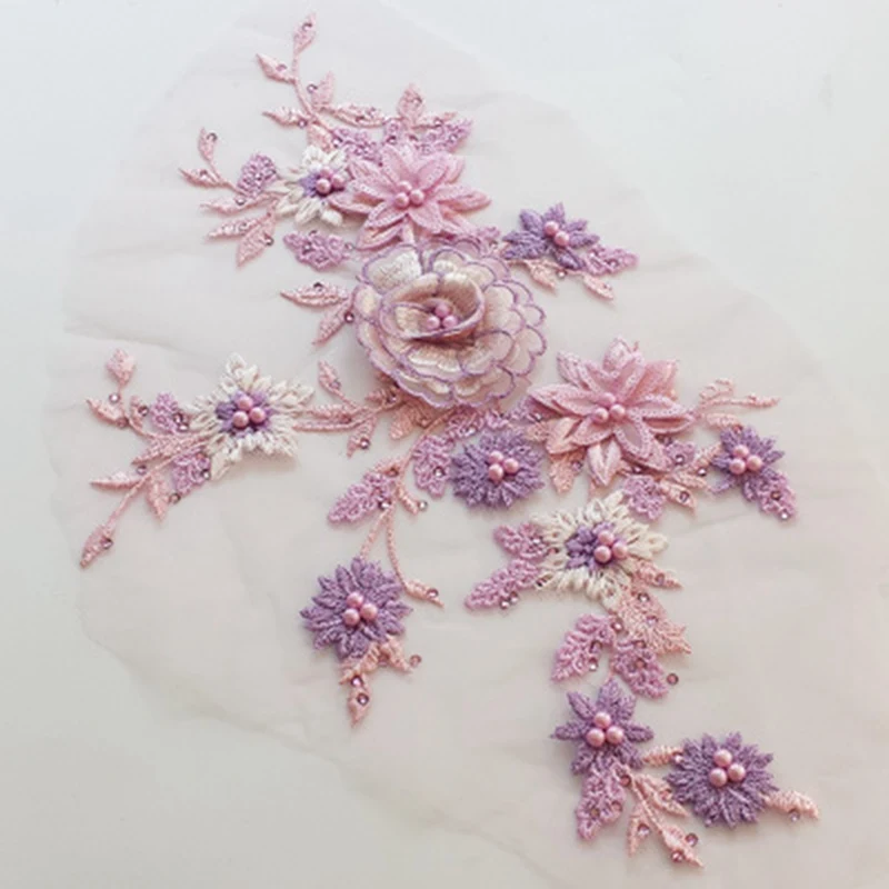2 шт трехмерная Цветочная вышивка с пайетками Бисером кружевная часть ручной