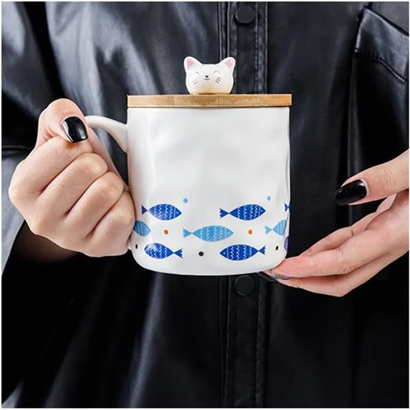 Оригинальные трендовые керамические кружки с крышкой Ложка рыба молоко кофе