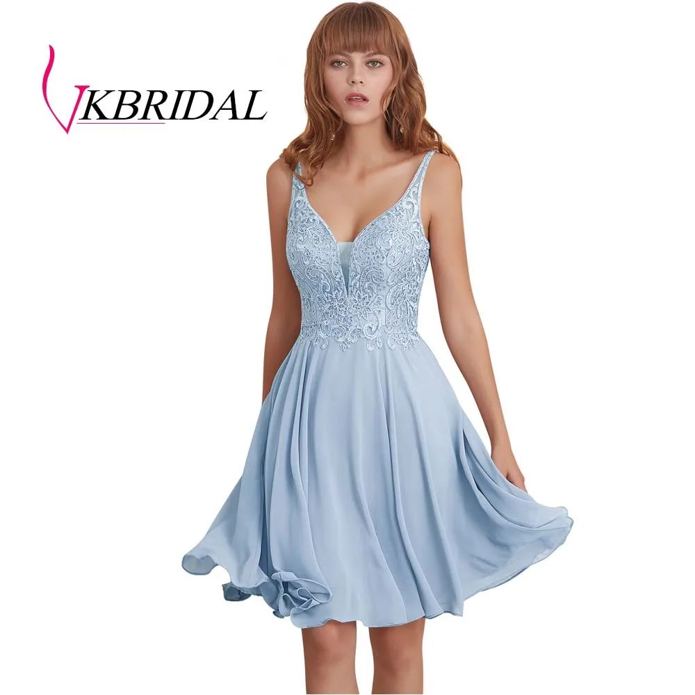 sky blue VKBRIDAL сексуальные короткие платья для выпускного вечера с открытой спиной шифоновые аппликационные кружева с бисером милые платья для выпускного вечера - Цвет: sky blue