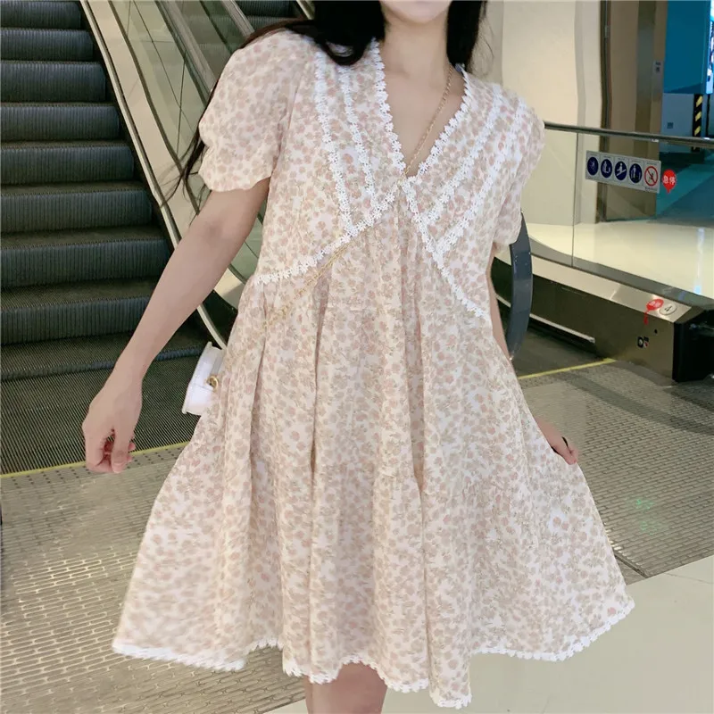 Женское платье с коротким рукавом и цветочным принтом Ezgaga кружевное лоскутное