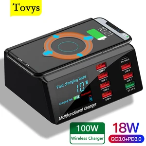 tovys 100w intelligent digital display 8 ports usb charger quick 3 0 adapter hub pd fast charger for iphone wireless chargers free global shipping
