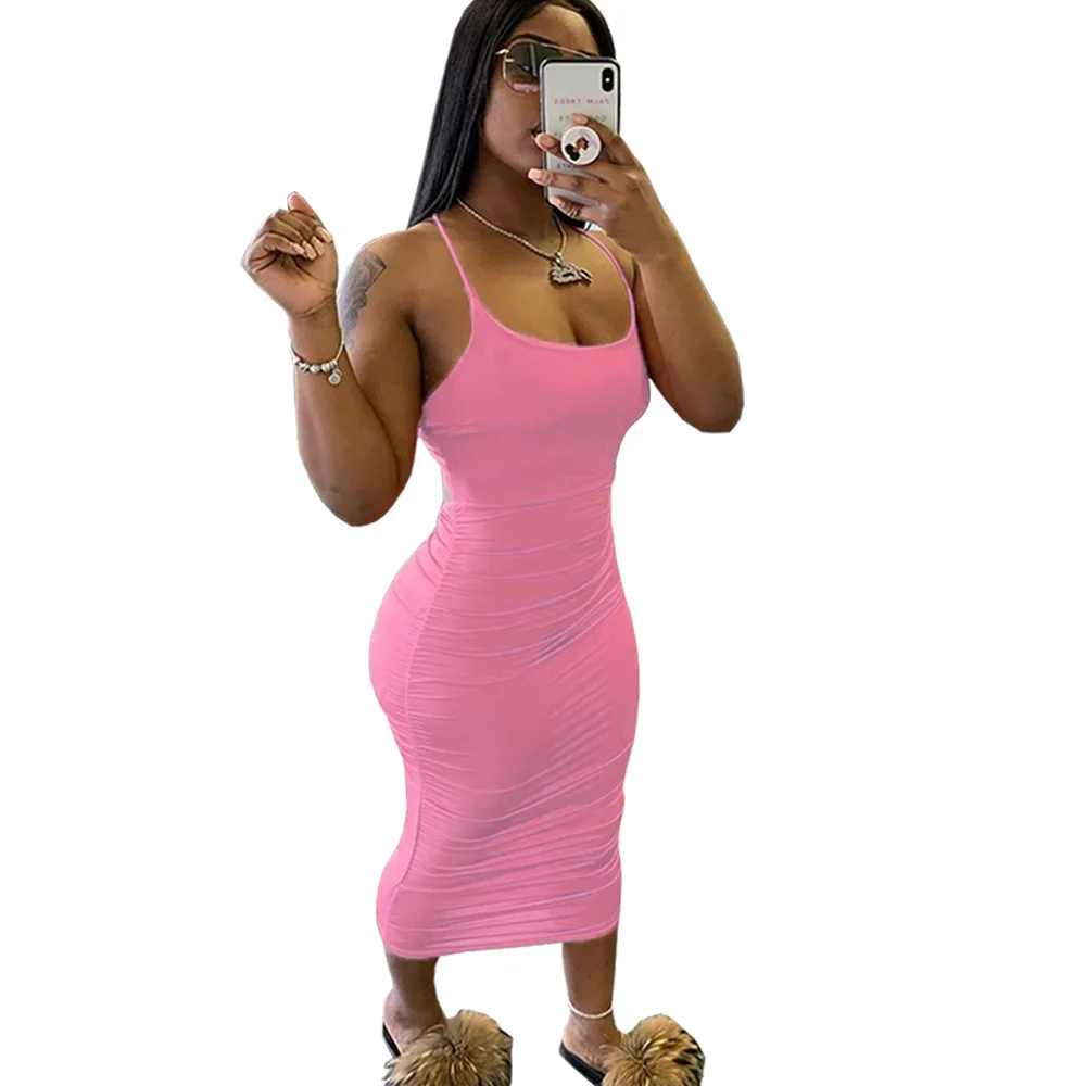 Летнее плиссированное платье Echoine на бретелях со сборками шнуровкой