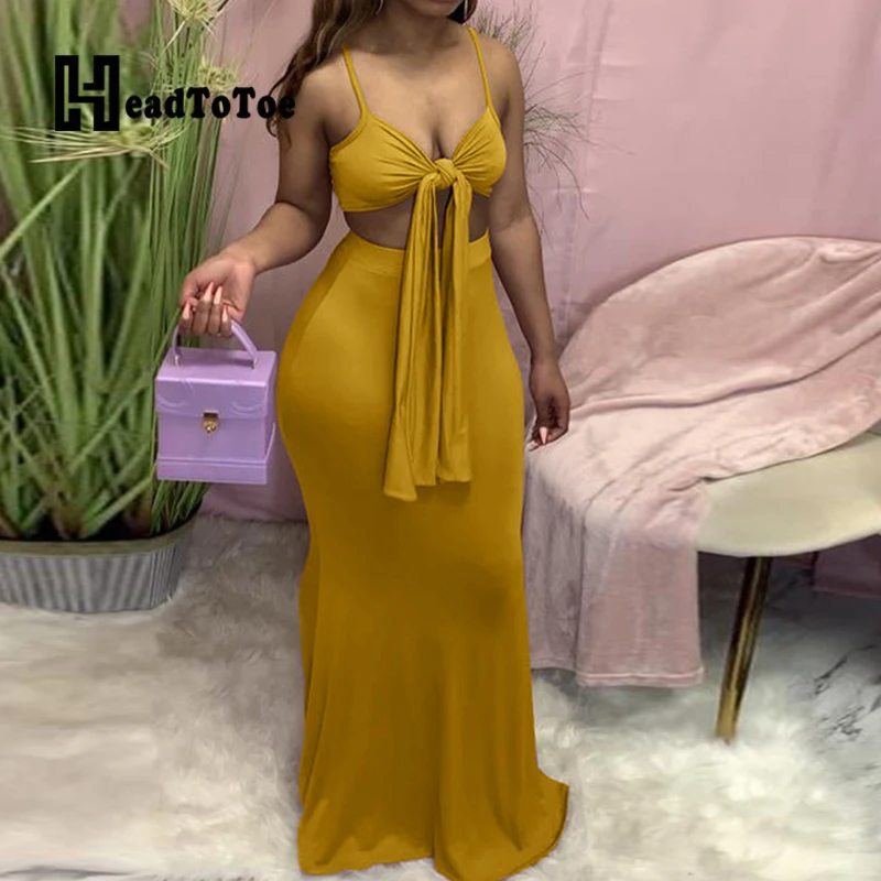 

Solid Spaghetti Strap Sexy Crop Tops & Maxi Skirts Set Summer Women Two Piece Set